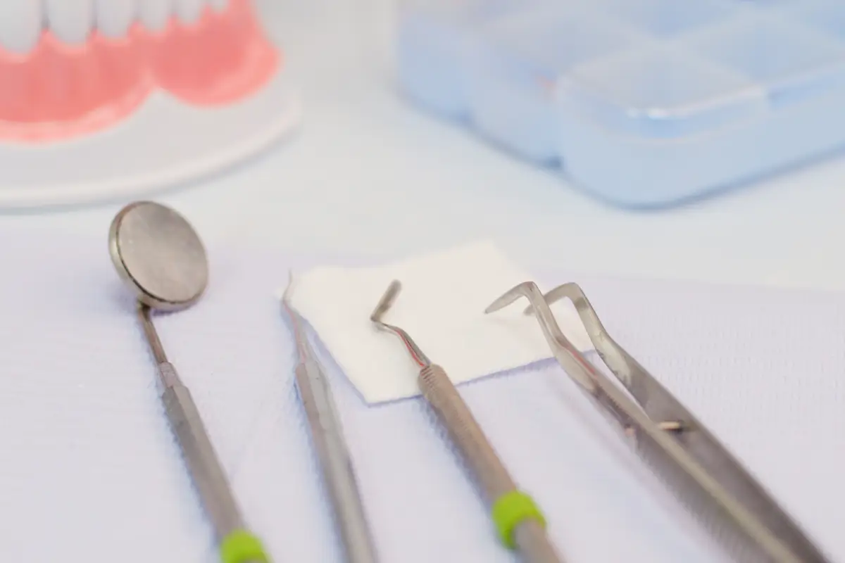 Dental instruments used during a routine exam and cleaning
